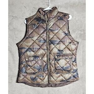 Say What Brown Camo Quilted Puffer Vest Womens Large Sleeveless Full Zip Utility